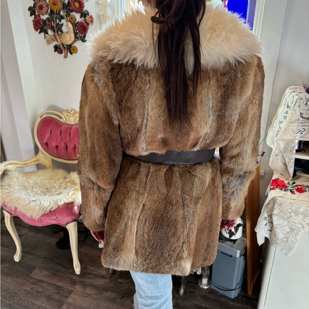 Vintage Genuine rabbit fur coat big collar chunky wool trim belt S *see note! - Picture 4 of 14